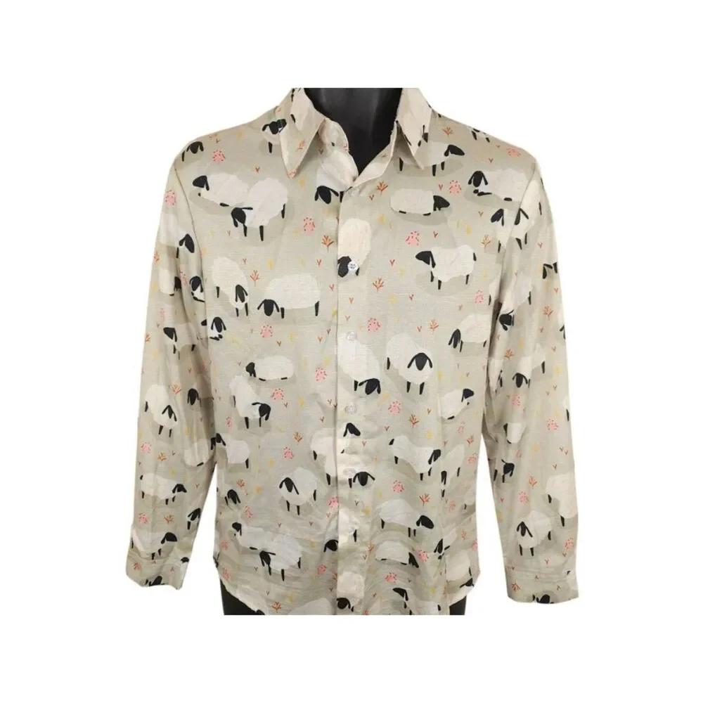 Sheep Casual Shirt Mens Size Small Green All Over Print Farm Animals